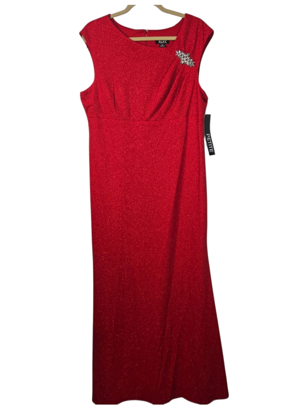 SLNY Size 16P Sparkling Red Formal Empire Waist Dress, Rhinestone Pin NWT